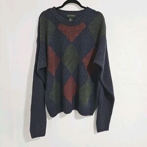 VTG 80s Hill Archer Knitwear Wool Blend Blue Argyle Sweater Sz L Grandpa Core